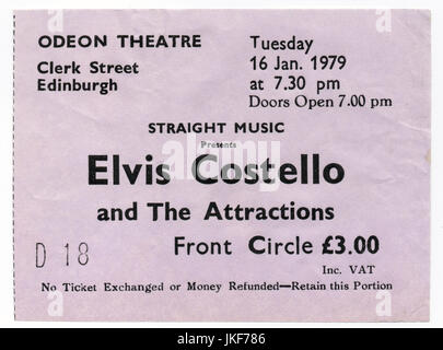 Ticket stub per un Elvis Costello e le attrazioni che il concerto presso il Teatro Odeon di Edimburgo, 16 gennaio 1979. Foto Stock