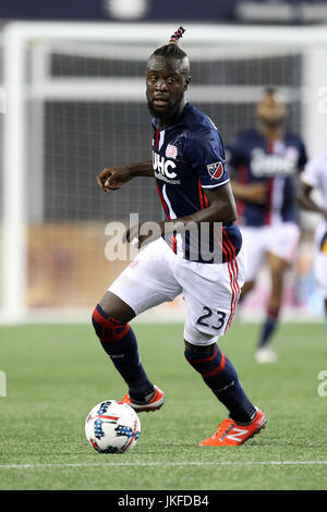 Gillette Stadium. 22 Luglio, 2017. MA, USA; New England Revolution in avanti Kei Kamara (23) in azione durante la seconda metà di un match di MLS tra Los Angeles Galaxy e New England Revolution a Gillette Stadium. La Nuova Inghilterra ha vinto 4-3. Anthony Nesmith/Cal Sport Media/Alamy Live News Foto Stock