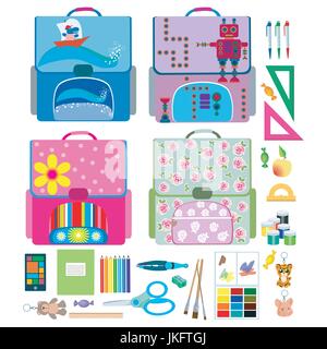 Quattro zaini scuola e forniture scolastiche Illustrazione Vettoriale