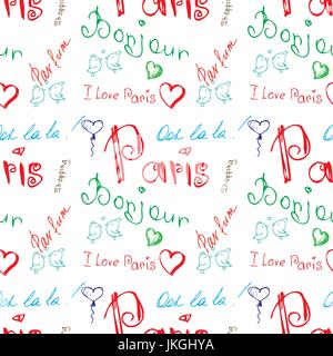 Parola colorata su Parigi seamless pattern sul bianco. Seamless pattern può essere utilizzato per la carta da parati, riempimenti, sfondi per pagine web, texture di superficie. Illustrazione Vettoriale