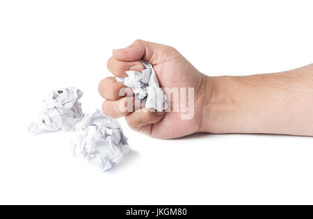 Carta sgualcita palla in mano isolati su sfondo bianco Foto Stock
