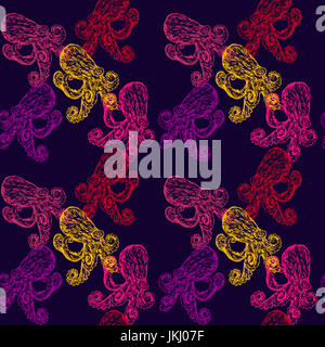 Polpo, perfetta design pattern, disegnati a mano doodle, schizzo in pop art style, Illustrazione a colori, rosa e giallo su sfondo blu scuro Foto Stock