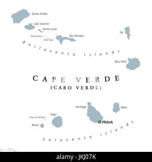 Capo Verde mappa politico con capitale Praia. Repubblica e isola paese al centro dell'Oceano Atlantico al largo dell'Africa occidentale. Illustrazione di grigio Foto Stock