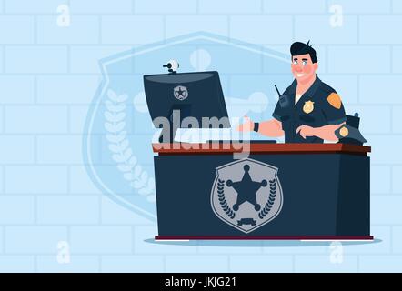 Poliziotto lavora su computer che indossano uniformi di Cop in ufficio di guardia su Sfondo mattone Illustrazione Vettoriale