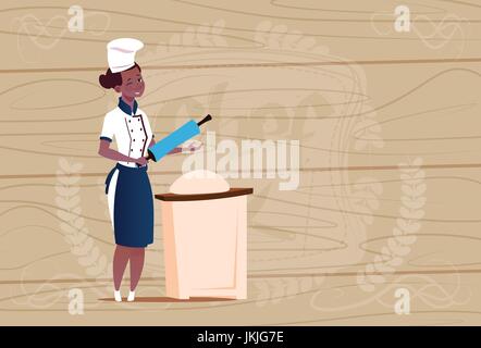 Femmina americano africano Chef di cucina lavora con impasto Cartoon capo nel ristorante uniforme su legno sfondo testurizzata Illustrazione Vettoriale