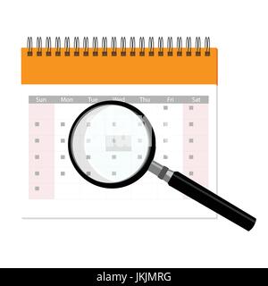 Illustrazione Vettoriale calendario e icona della lente di ingrandimento. Calendario con loupe isolati su sfondo bianco. Concetto di ricerca Illustrazione Vettoriale