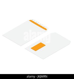 Illustrazione Vettoriale prospettiva isometrica realistico busta con finestra trasparente, vista anteriore e posteriore. Mockups vuoto Illustrazione Vettoriale
