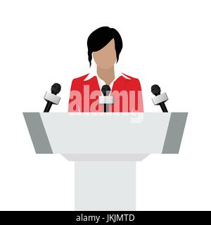 Illustrazione Vettoriale donna oratore parlando dalla tribuna. Business Woman in Red Suit. Persona di altoparlanti. Altoparlante in conferenza. Podio discorso. Podio oratore Illustrazione Vettoriale