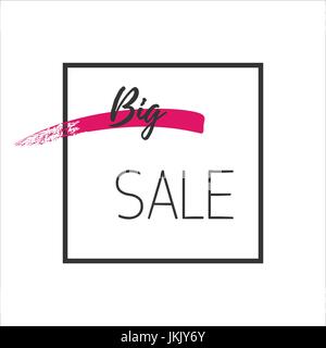 Grande vendita poster illustrazione vettoriale design alla moda modello con una sottile cornice nera la scritta grande vendita rosa sul tratto di pennello con sfondo bianco Illustrazione Vettoriale