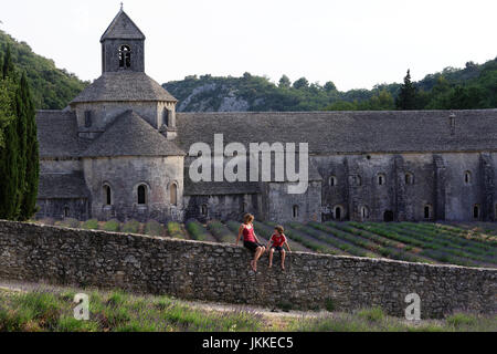 Madre e figlio seduti sulla parete anteriore del campo di lavanda all'Abbazia di Senanque, Gordes, Vaucluse, Provence-Alpes-Côte d'Azur, in Francia Foto Stock