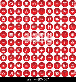 100 famiglia campeggio set di icone di colore rosso Illustrazione Vettoriale