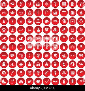 100 infanzia felice set di icone di colore rosso Illustrazione Vettoriale