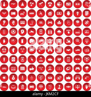 100 hi-tech set di icone di colore rosso Illustrazione Vettoriale