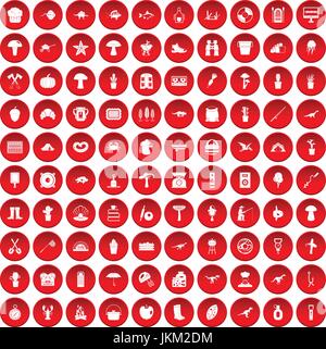 100 hobby set di icone di colore rosso Illustrazione Vettoriale