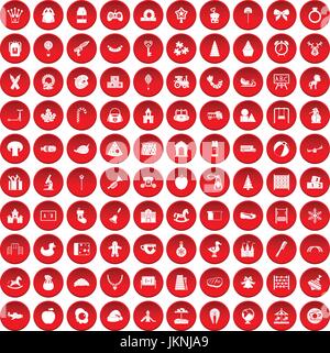 100 La scuola materna di set di icone in un cerchio rosso isolato su bianco illustrazione vettoriale Illustrazione Vettoriale
