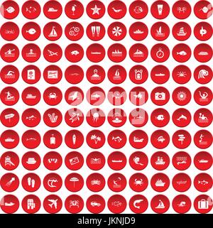 100 ocean set di icone in un cerchio rosso isolato su bianco illustrazione vettoriale Illustrazione Vettoriale