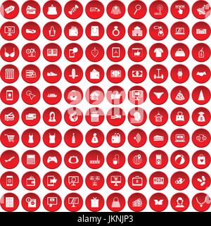 100 shopping online set di icone in un cerchio rosso isolato su bianco illustrazione vettoriale Illustrazione Vettoriale