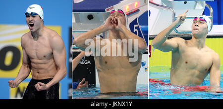 (170724) -- PECHINO, luglio 24, 2017 (Xinhua) -- File di foto (da L a R) mostra della Cina di Sun Yang celebra il vincitore Uomini 400m Freestyle Finale di nuoto alla XV FINA Aquatics Campionati del Mondo di Barcellona, in Spagna il 28 luglio 2015, XVI FINA Aquatics ai Campionati Mondiali di Kazan, la Russia il 2 agosto 2015 e il XVII FINA Aquatics Campionati del Mondo a Budapest, in Ungheria il 23 luglio 2017. Piscina cinese ace Sun Yang ha vinto il suo terzo titolo dritto in uomini 400m Freestyle in Budapest domenica. (Xinhua/Guo Yong, Meng Yongmin, Gong Bing)(WLL) Foto Stock