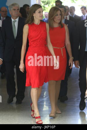 Malaga, Spagna. Il 24 luglio, 2017. Regina Letizia si ripete un abito di Nina Ricci in rosso, il suo colore preferito. La regina ha optato per un design drappeggiato che già ha dimostrato in occasione di un incontro con Michelle Obama nel giugno 2016 in La Zarzuela. Per scommettere su il suo colore preferito, Rosso Passione, in aggiunta, un occhiolino anche per l'Instituto Cervantes per essere il suo tono aziendale. Per la sua visita questa mattina a Malaga dove il monarca ha inaugurato la riunione dei direttori dell'istituzione del Museo Russo nel vecchio Tabacalera Credit: Fotos Lorenzo Carnero/ZUMA filo/Alamy Live News Foto Stock