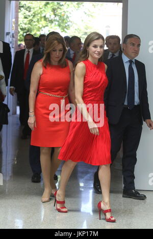 Malaga, Spagna. Il 24 luglio, 2017. Regina Letizia si ripete un abito di Nina Ricci in rosso, il suo colore preferito. La regina ha optato per un design drappeggiato che già ha dimostrato in occasione di un incontro con Michelle Obama nel giugno 2016 in La Zarzuela. Per scommettere su il suo colore preferito, Rosso Passione, in aggiunta, un occhiolino anche per l'Instituto Cervantes per essere il suo tono aziendale. Per la sua visita questa mattina a Malaga dove il monarca ha inaugurato la riunione dei direttori dell'istituzione del Museo Russo nel vecchio Tabacalera Credit: Fotos Lorenzo Carnero/ZUMA filo/Alamy Live News Foto Stock