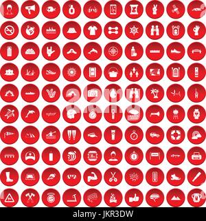 100 rafting set di icone di colore rosso Illustrazione Vettoriale