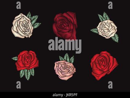 Le rose ricamo su sfondo nero. Illustrazione Vettoriale