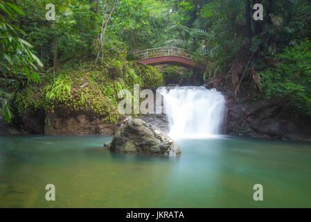 Un paesaggio intimo scenario di una cascata mozzafiato e acqua pura stagno circondato dal verde della vegetazione. Ranchan cascata, Sarawak in Malaysia. Foto Stock