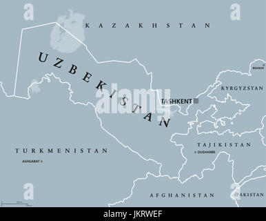 Uzbekistan mappa politico con capitale Tashkent e i confini internazionali. Repubblica e paese senza sbocco sul mare in Asia centrale. Illustrazione di grigio. Foto Stock