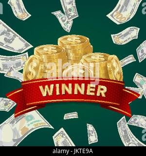 Grande vittoria affissioni per la catena Casino. Vincitore di segno. Premio Jackpot Design. Lo sfondo delle monete. Illustrazione Vettoriale