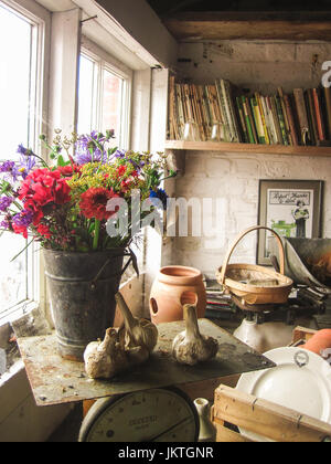 Interno del capannone rustico con terracotta impilati vasi per piante e vintage utensili da giardinaggio Foto Stock