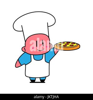 Kawaii chef tenendo la pizza. Illustrazione Vettoriale