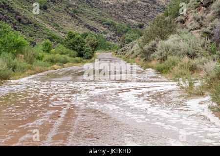 La strada da Pilar vicino a Taos nel Nuovo Messico lungo il fiume attraverso il Rio Grande Gorge è allagata dopo abbondanti piogge. Foto Stock