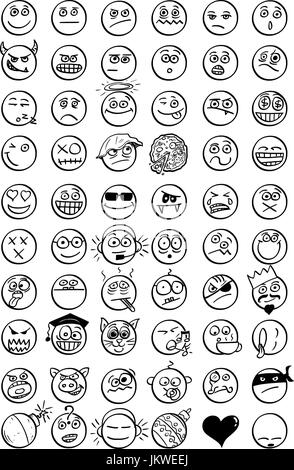 Set di grandi dimensioni del vettore 60 disegnati a mano cartoon facce smiley emoticon . Illustrazione Vettoriale