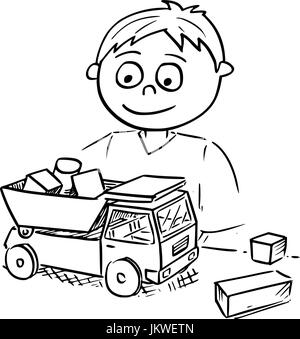 Disegno a mano cartoon vettoriale di un ragazzo giocando con il giocattolo camion e auto giocattolo di legno blocchi di costruzione. Illustrazione Vettoriale