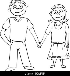 Disegno a mano cartoon illustrazione vettoriale di un ragazzo e una ragazza o una giovane donna e uomo azienda ogni altre mani. Illustrazione Vettoriale