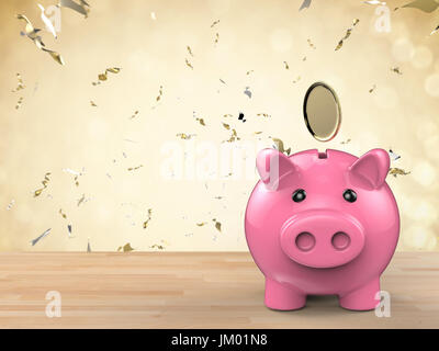 3D rendering salvadanaio con moneta in oro che rientrano Foto Stock