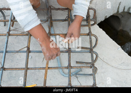 Lavoratori edili tiranti in acciaio. Pinze e filo di acciaio che fissa rebar. Foto Stock