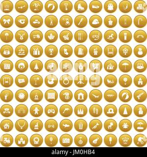 100 infanzia felice set di icone di oro Illustrazione Vettoriale