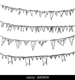 Disegnata a mano doodle bunting flags impostata. Illustrazione Vettoriale