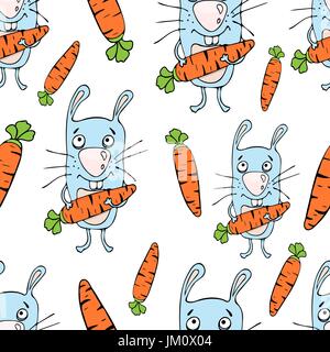 Coniglietti cartoon seamless pattern, del disegno a mano, il vettore sfondo. Funny dipinto di coniglio con una carota in zampe su uno sfondo bianco. Per desi tessuto Illustrazione Vettoriale