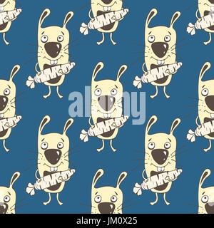 Coniglietti cartoon seamless pattern, del disegno a mano, il vettore sfondo. Funny dipinte di giallo coniglio con una carota in zampe su uno sfondo blu. Per fabri Illustrazione Vettoriale