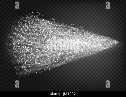 Nebbia di atomizzatore, spruzzo di acqua, fumo bianco, polvere e punti isolati su sfondo trasparente. Effetto del vettore, 3d'illustrazione, per il design estetico della pubblicità. Illustrazione Vettoriale