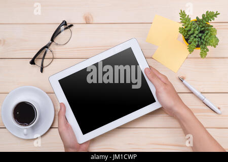 Compressa immagine d'intestazione. Office roba, workplace, vista dall'alto Foto Stock