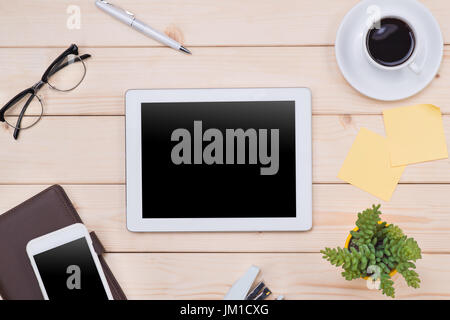 Compressa immagine d'intestazione. Office roba, workplace, vista dall'alto Foto Stock