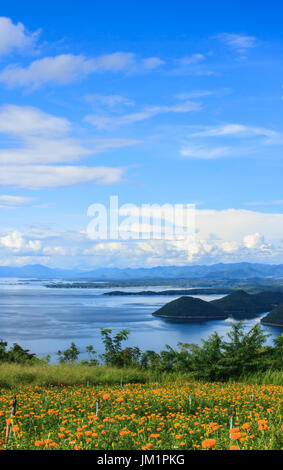 Tagete bellissimo giardino di fronte blu Srinakarin diga con cielo blu chiaro, la provincia di Kanchanaburi, Thailandia Foto Stock