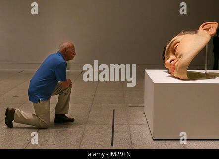 Houston, Stati Uniti d'America. Xxv Luglio, 2017. Un visualizzatore mostra prende a chiudere occhio-livello guardare al pittore australiano Ron Mueck's 'Mask II", una grande scultura di un autoritratto, presso il Museo di Belle Arti di Houston (MFAH) a Houston, Texas, Stati Uniti, il 25 luglio 2017. Credito: Yi-Chin Lee/Xinhua/Alamy Live News Foto Stock