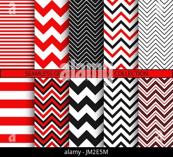 Seamless motivi geometrici collezione. Piastrella quadrata se raddoppiato. Da 1 a 2 rapporto. Rosso Nero Bianco stampe grafiche. Gli sfondi di Chevron set. Zig-zag e stri Illustrazione Vettoriale