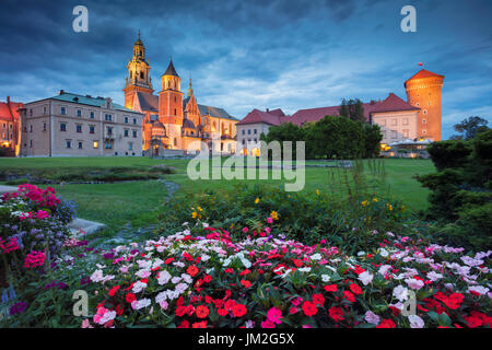 Il castello di Wawel, Cracovia. Immagine del Castello di Wawel a Cracovia in Polonia durante il blu crepuscolo ora. Foto Stock