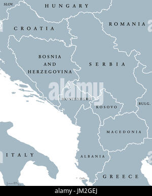 Central Balkan mappa politico con le frontiere. Paesi del sud-est della penisola balcanica in Europa dalla Croazia alla Grecia. Illustrazione di grigio. Foto Stock