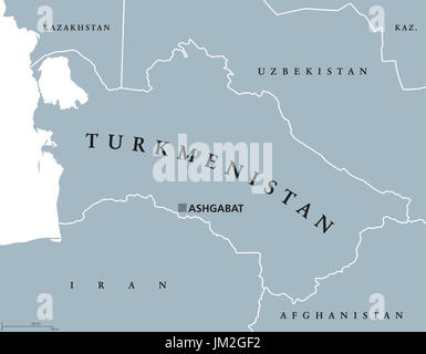 Turkmenistan mappa politico con capitale Aşgabat. Precedentemente noto come Turkmenia, un paese in Asia centrale sul Mar Caspio. Illustrazione di grigio. Foto Stock